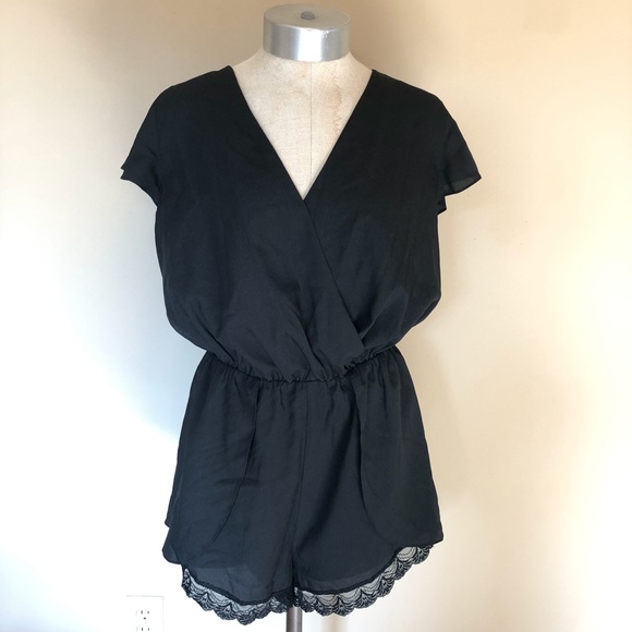 bebe Pants - Bebe lace trim v neck cross over romper faux wrap